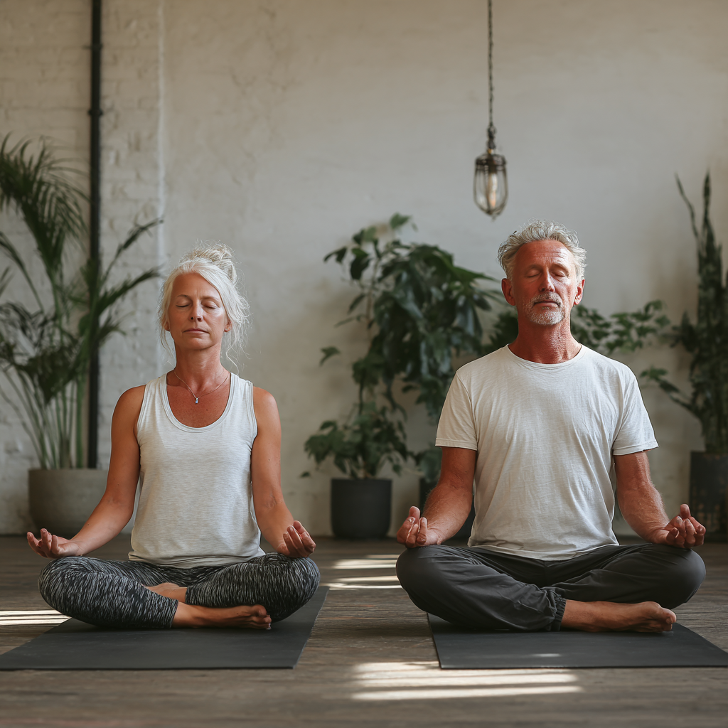 50 years old practicing yoga together in peaceful studio environment