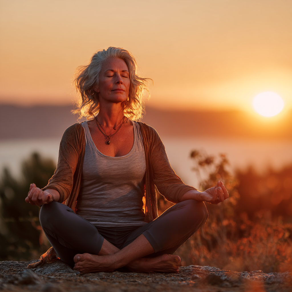 51 years old woman in peaceful yoga pose outdoors at sunrise