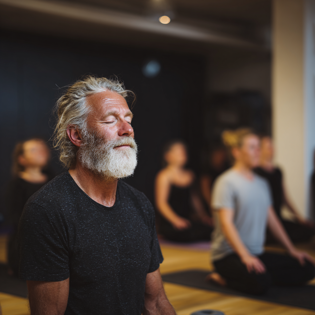 52 years old yoga instructor guiding 52-aged students in gentle practice